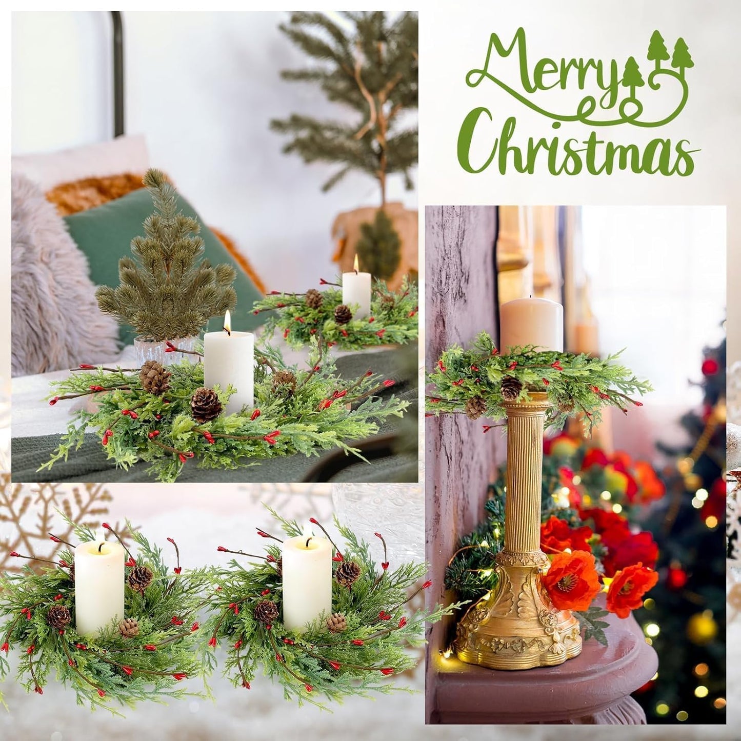 Skiennix 8 Pcs Artificial Christmas Candle Rings - 9 Inch Cedar Pine Garland Wreaths with Red Berries & Pinecones