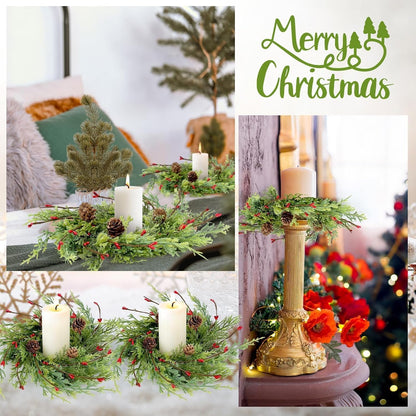 Skiennix 8 Pcs Artificial Christmas Candle Rings - 9 Inch Cedar Pine Garland Wreaths with Red Berries & Pinecones