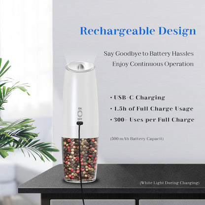 UNNEES Rechargeable Salt And Pepper Grinder Set Electric, Gravity Electric Salt And Pepper Grinder Set Electric, Salt And Pepper Shakers Set Electric, Adjustable Coarseness, LED Light, (Black+White)