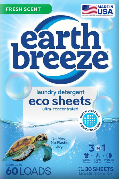 Earth Breeze Laundry Detergent Sheets - Fresh Scent, Eco-Friendly & Travel-Friendly - 60 Loads, 30 Ct