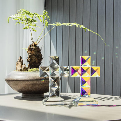 QFkris Crystal Cross Figurine - 5'' Tall Traditional Glass Craft for Memorial Gifts & Christian Decor