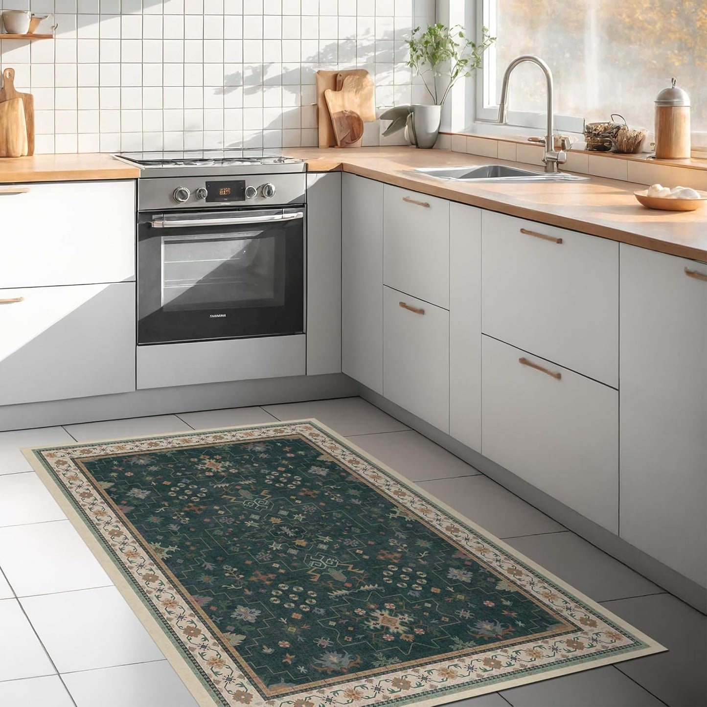 Oushak Dark Green 3x6 Kitchen Rug - Modern Vintage Boho Floral Design, Washable Non-Slip Area Rug for Entryway & Bedroom