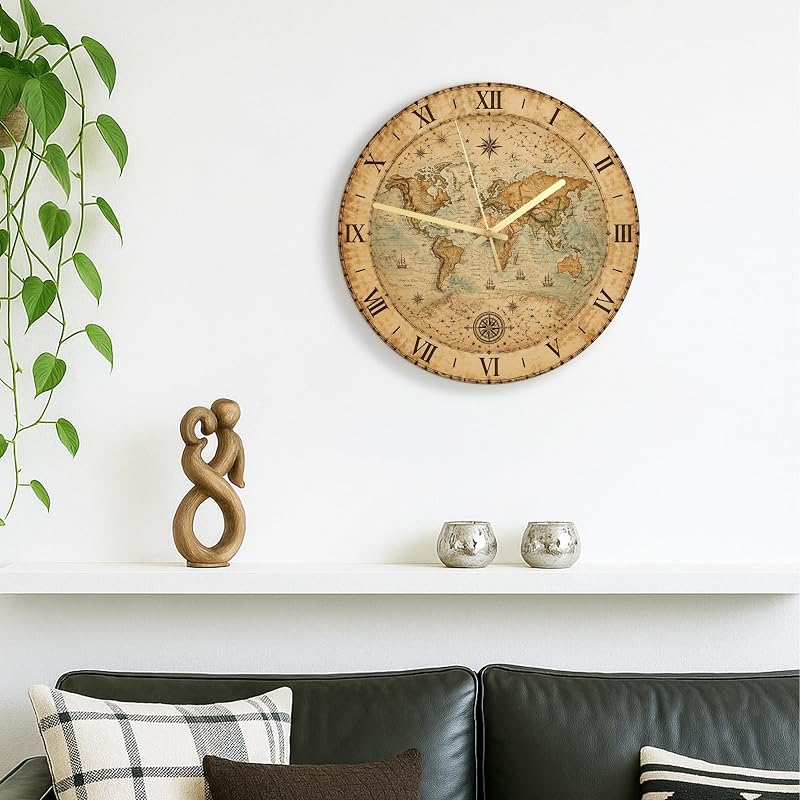 World Map Wall Clock - Vintage Rustic Compass, 11.6x11.6 in, Brown, Silent Non-Ticking