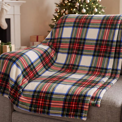 Christmas Tartan Plaid Throw Blanket 50x60 in - Double Sided Flannel, White