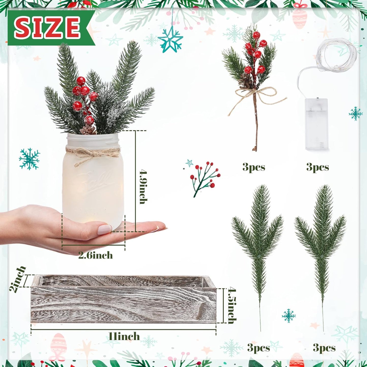 Skiennix Winter Mason Jar Centerpiece - LED Lights & Artificial Plants | Set of 3 Farmhouse Decor