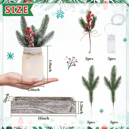 Skiennix Winter Mason Jar Centerpiece - LED Lights & Artificial Plants | Set of 3 Farmhouse Decor