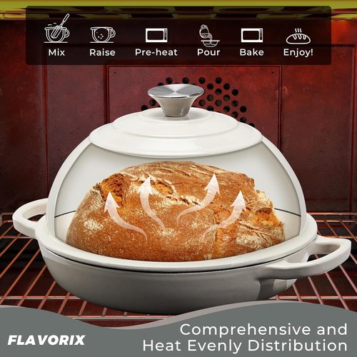 Cast Iron Dutch Oven | 6Qt Sourdough Bread Baking Pan with Lid - Enameled, Oven Safe to 482℉, White