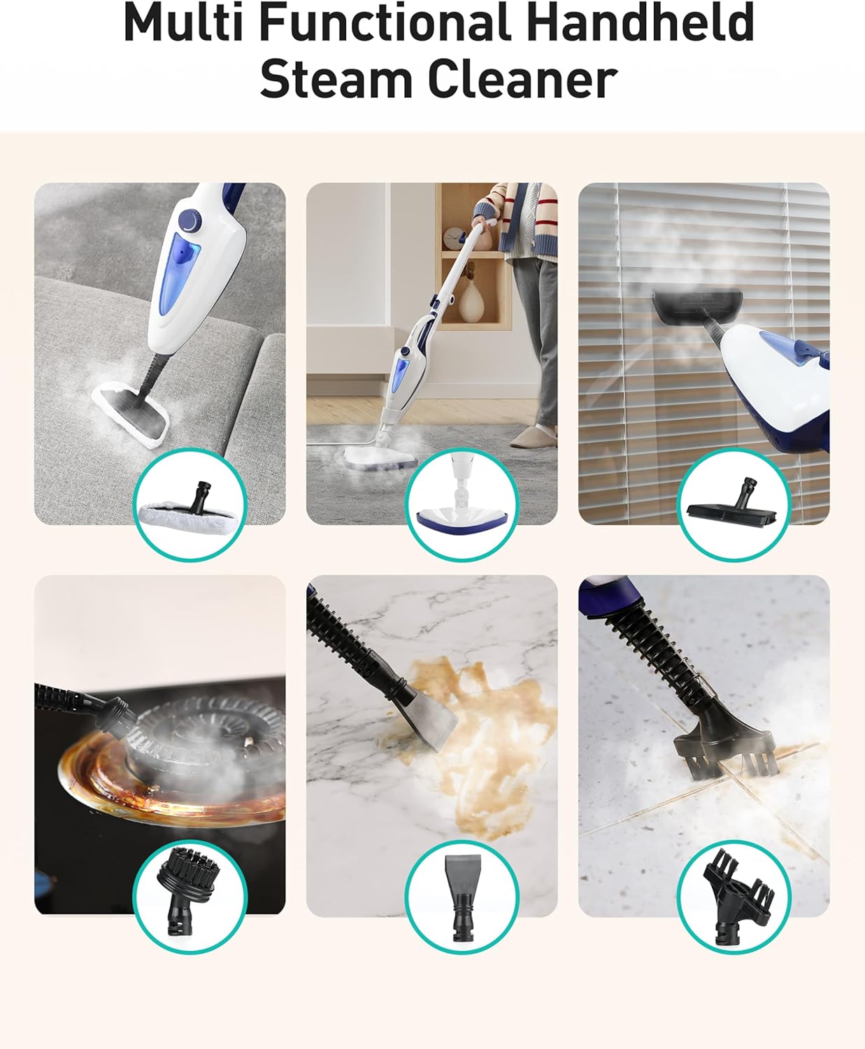 Skiennix 12-in-1 Steam Mop - Fast 15-Sec Heat-Up, 1500W Handheld Cleaner with 2 Dirt Grip Pads | Removes 99.99% Stains on Floors, Clothes, Windows, Tiles, Furniture - White
