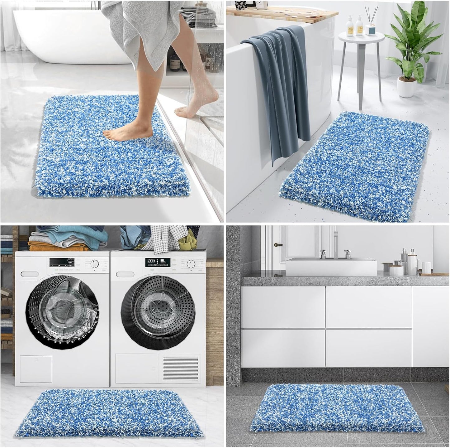 Yimobra Ultra Soft Bath Rugs | Non-Slip Microfiber Mats for Bathroom | 32x20, Blue and White