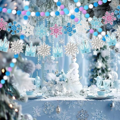 Fanfanwin Snowflake Birthday Banner Set - 5 Pcs Blue Snowflake Design with Felt Castle Decorations
