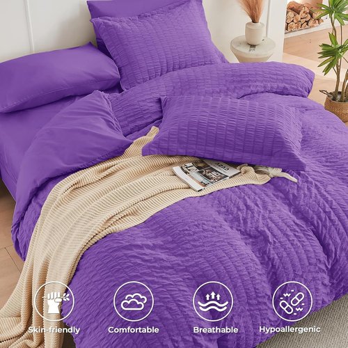 HYMOKEGE King Size Comforter Set - Bright Purple Seersucker 7-Piece Luxury Bedding Set