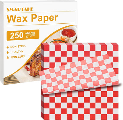 SMARTAKE 12 x 12 Inch Non-Stick Wax Paper - 250 Pcs Red Plaid Hamburger Patty & Sandwich Separators