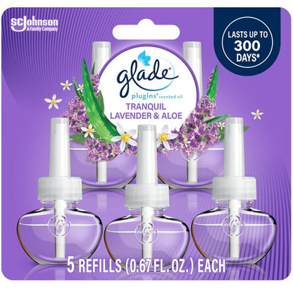 Glade PlugIns Refills Air Freshener, Scented and Essential Oils for Home and Bathroom, Tranquil Lavender & Aloe, 3.35 Fl Oz, 5 Count