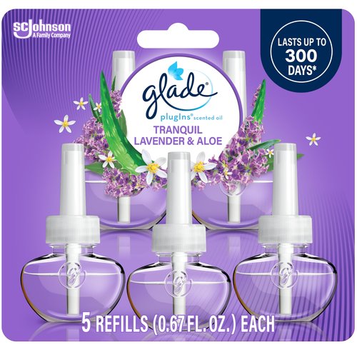 Glade PlugIns Refills Air Freshener, Scented and Essential Oils for Home and Bathroom, Tranquil Lavender & Aloe, 3.35 Fl Oz, 5 Count