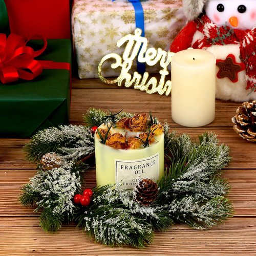 Jansun Christmas Candle Rings - 4 Pcs Red Berries & Pine Needles Mini Wreaths for Table Centerpieces