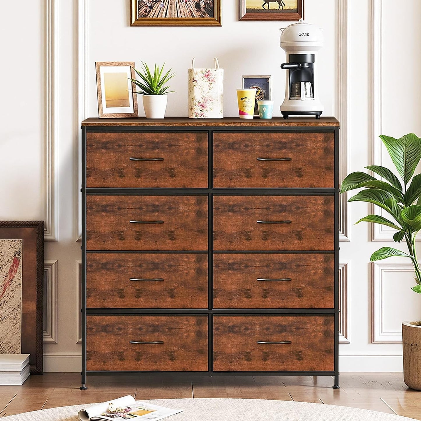 Skiennix 8-Drawer Dresser - Anti-Tip Tall Storage Organizer with Wooden Top & Metal Frame | Brown