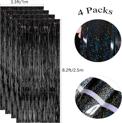 Slmeno Black Foil Fringe Curtains - 4 Pack Glitter Tinsel Backdrop 3.3x8.2ft for Party Decor