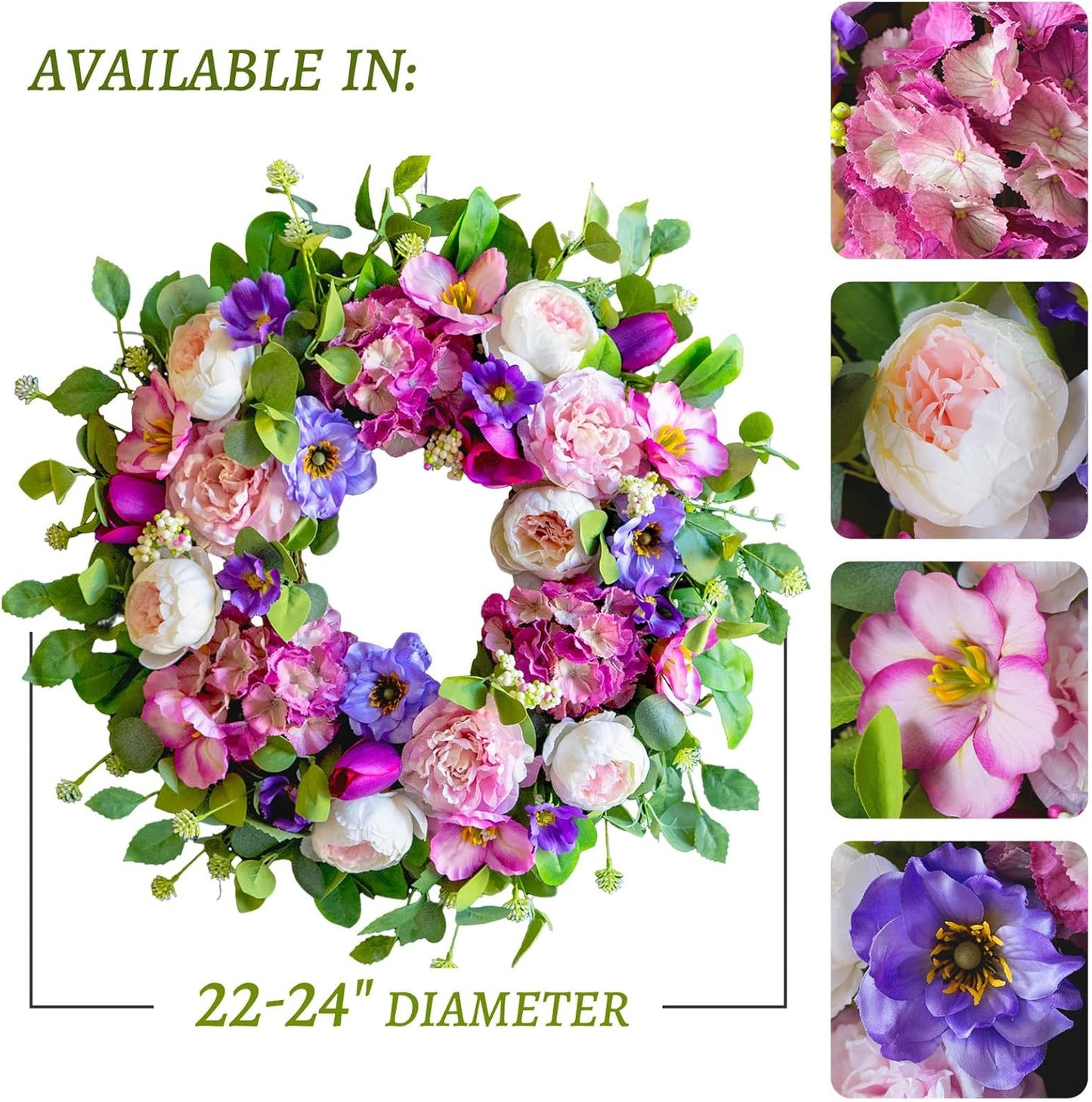 Regine Switzerland 24-Inch Spring Wreath - Blush Pink Roses & Purple Blooms for Home Decor | Indoor/Outdoor Use
