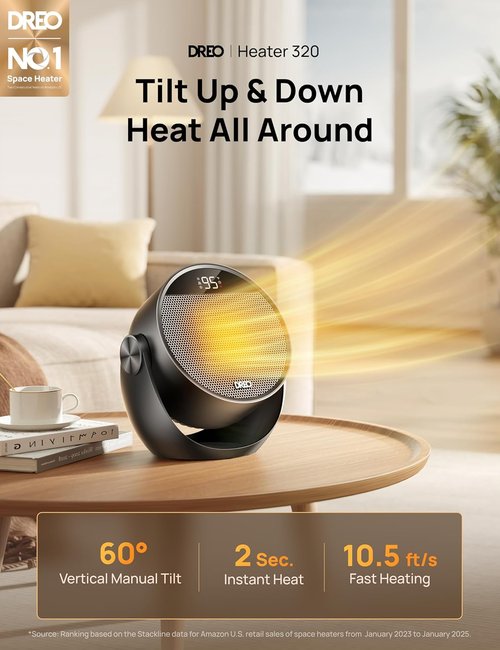 DREO 1500W Space Heater - Portable Electric Heater with Adjustable Tilt, Remote & 8 Safety Features | Black