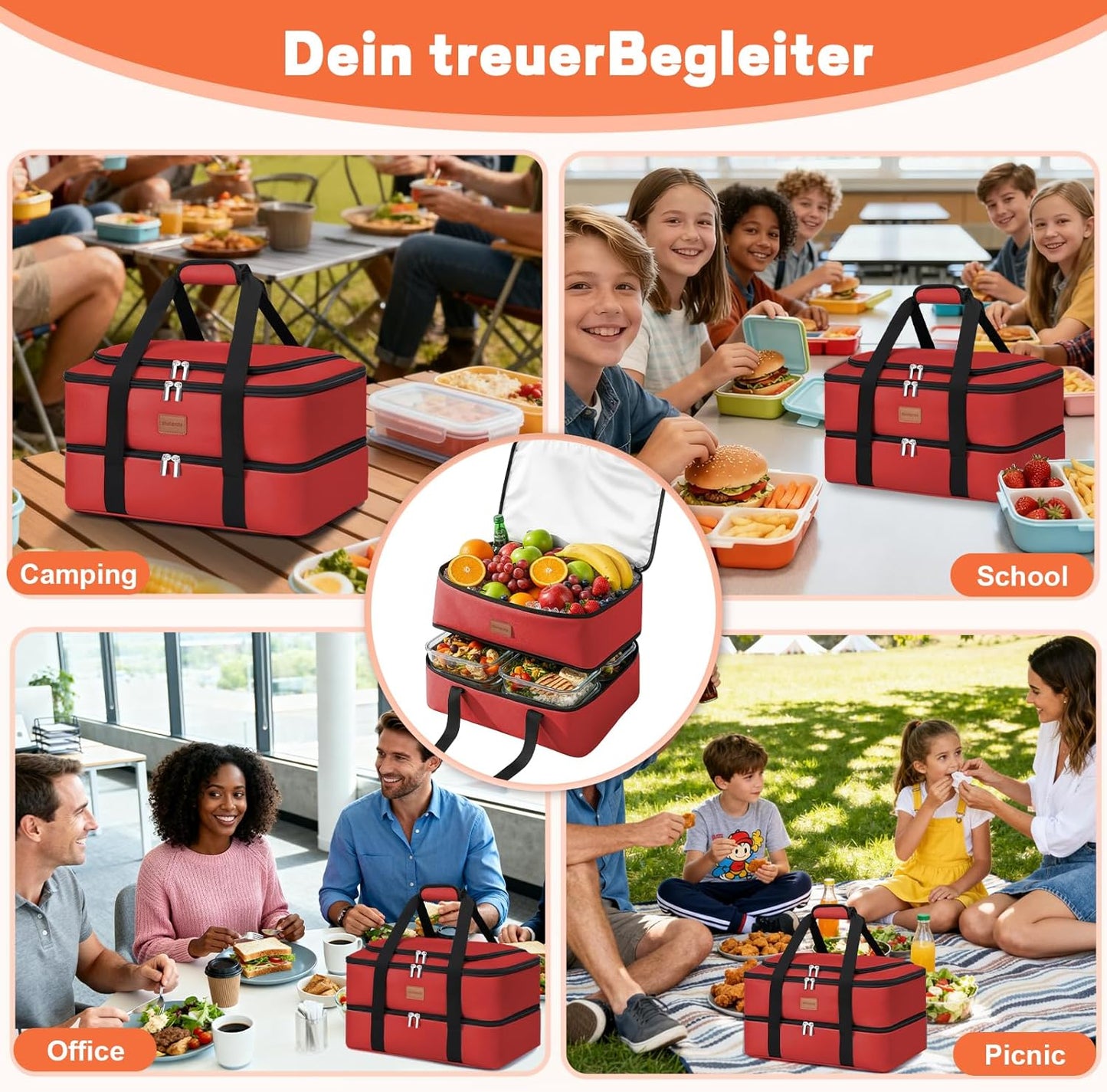 Skiennix Insulated Casserole Carrier - Double Decker Thermal Bag for Hot or Cold Food | Portable & Leakproof (Red)