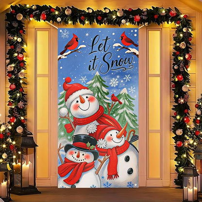 Door Cover Winter Wonderland Snowmen Pair - 35x71 Inch Polyester, Three Snowmen Variation