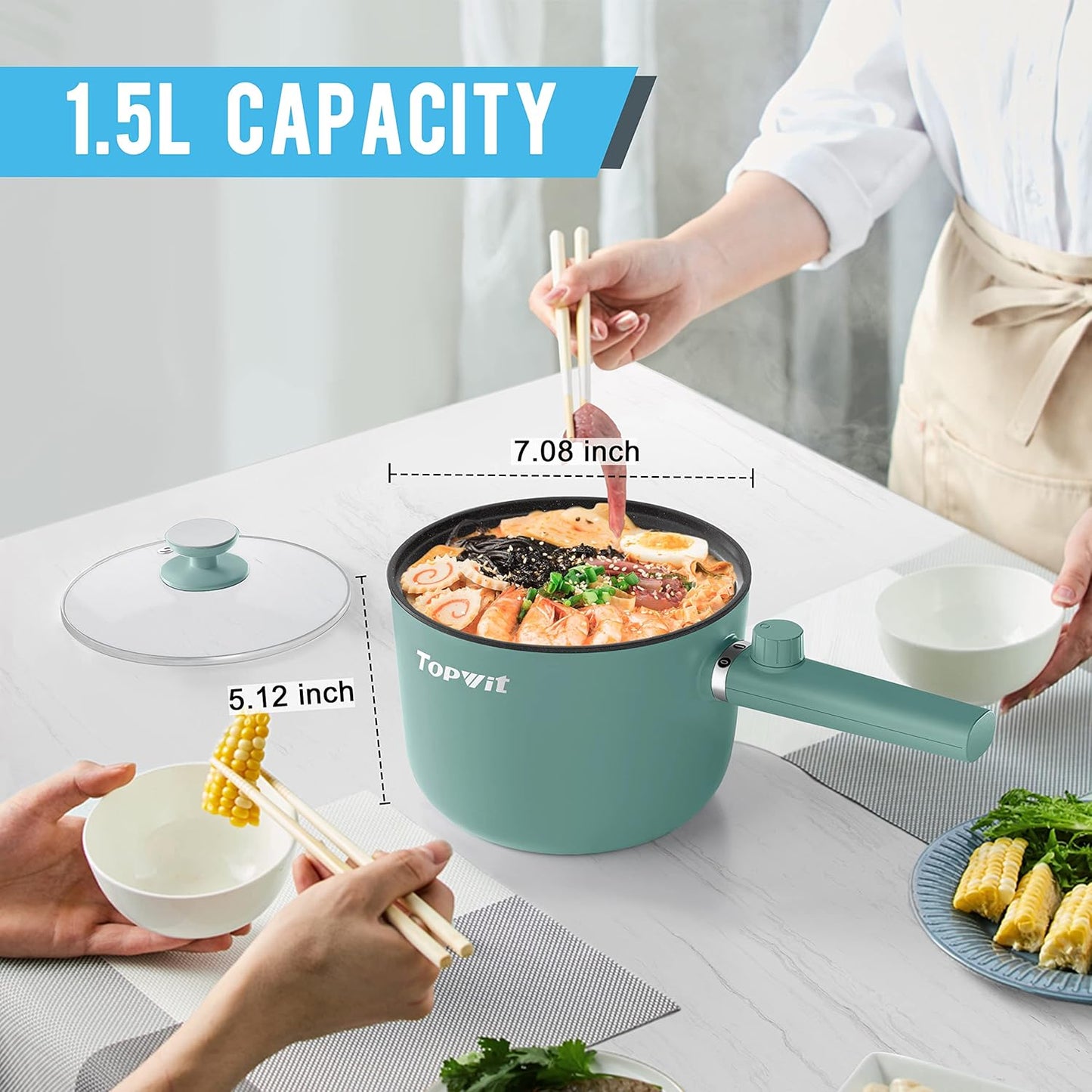 Topwit Electric Hot Pot - 1.5L Portable Ramen Cooker with Non-Stick Frying Pan & Dual Power Control - Green