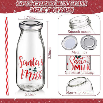 Christmas Glass Milk Bottles with Lids & Straws - 6x8 oz Set