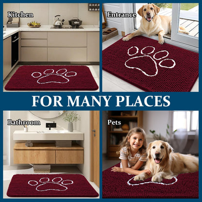 OLANLY Dog Door Mat - Absorbent Non-Slip Muddy Paws Design | 36x24 Burgundy Chenille Doormat