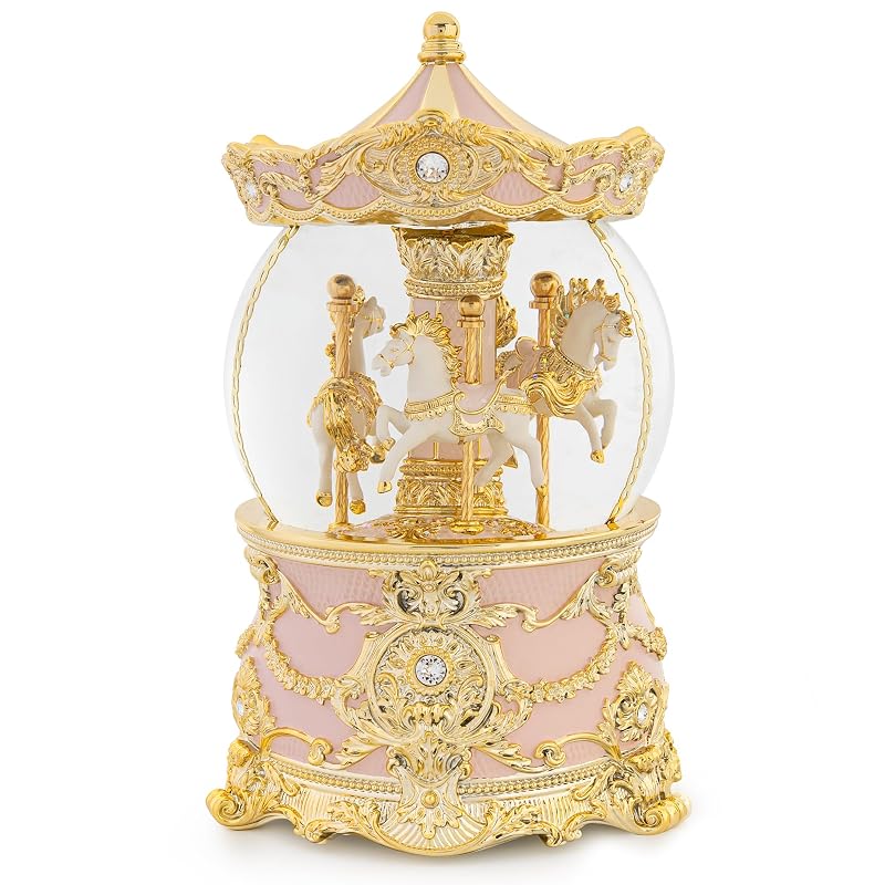 Gold & Pink 8.3" Carousel Snow Globe with Wind-Up Music Box - Meets Tune