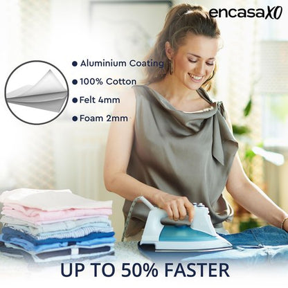 Encasa XO Ironing Board Cover and Pad 49"x18" - 4mm Felt & 2mm Foam Metallized Silver Iron Board Cover with Padding - Heat & Scorch Resistant, Non Slip, Bungee Elasticated, 3 Fasteners Silver Luxury