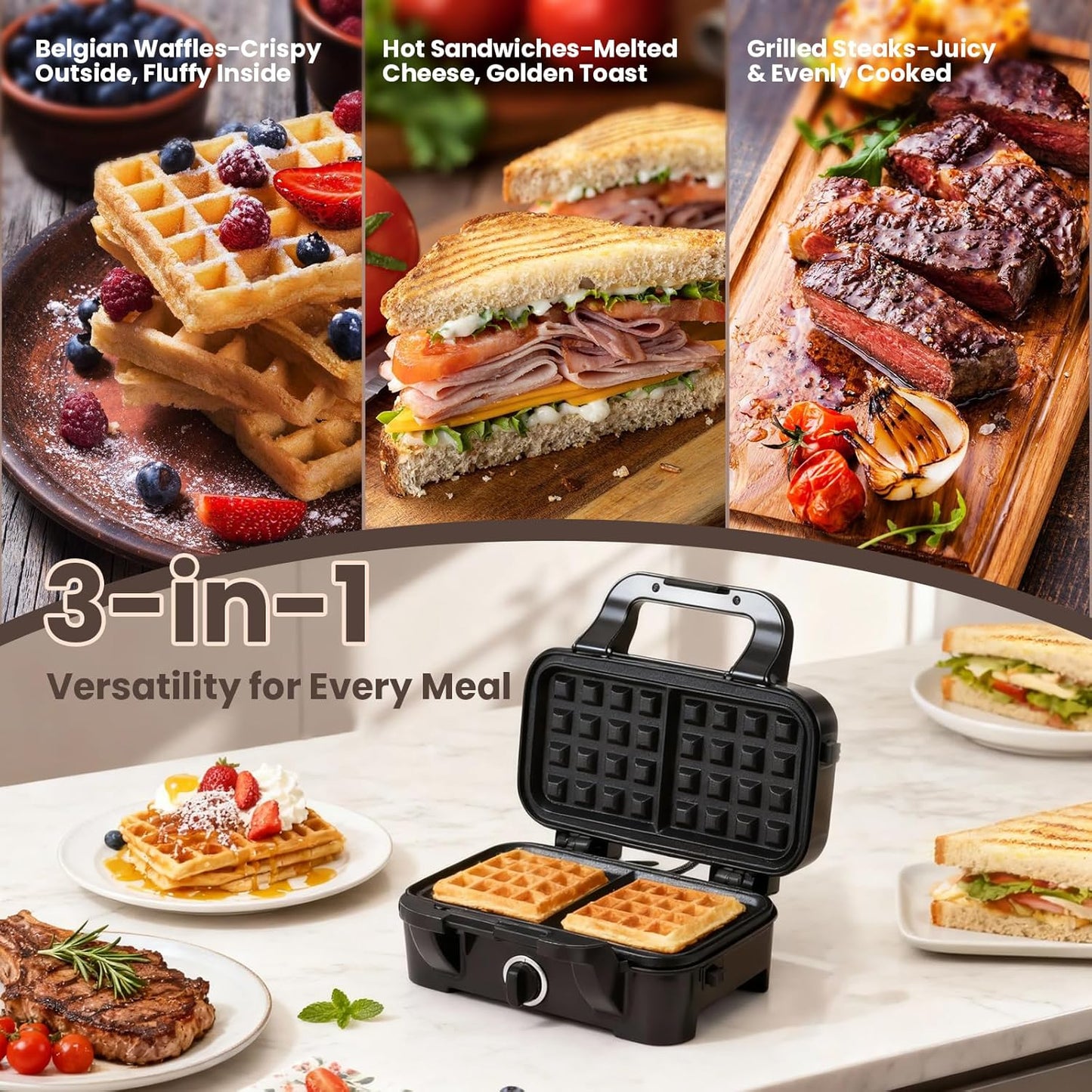 Skiennix Waffle Maker - 3-in-1 Nonstick Sandwich, Waffle & Pancake Maker with Removable Plates | 5-Level Browning Control