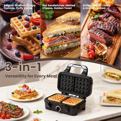 Skiennix Waffle Maker - 3-in-1 Nonstick Sandwich, Waffle & Pancake Maker with Removable Plates | 5-Level Browning Control