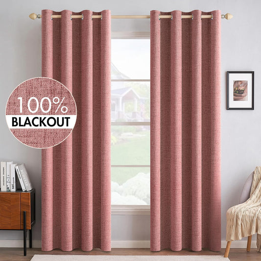 MIULEE Blackout Linen Textured Curtains - Thermal Insulated Dusty Rose Drapes | 52 x 96 Inch (2 Panels)