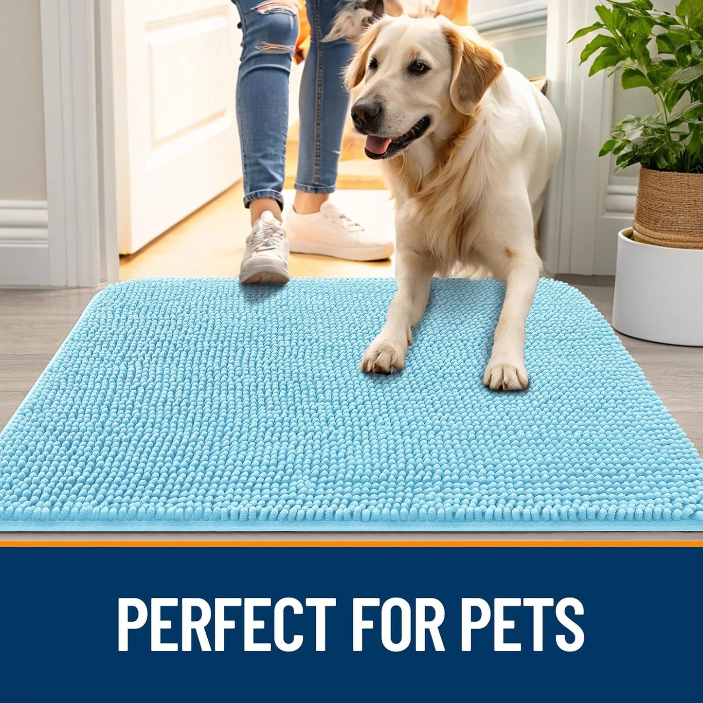 OLANLY Dog Door Mat - Absorbent Non-Slip Mud Mat for Indoor Use | 30x17 Inches, Quick Dry Chenille, Blue