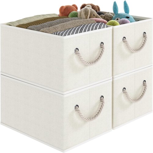 Closet Storage Bins by [Brand Name] - Collapsible Linen Organizers for Shelves | Beige, 4 Pack