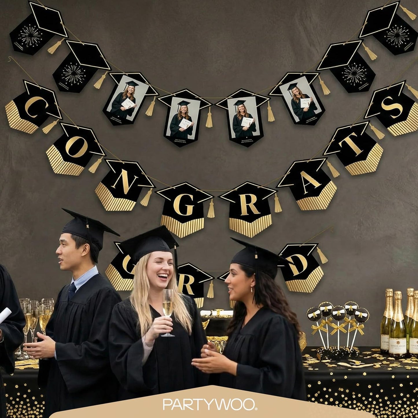 PartyWoo Graduation Decorations - Class of 2026 Black & Gold Banner Set for College & High School Parties | 2-Piece