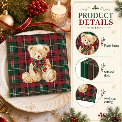 Whaline Red Green Plaid Bear Paper Napkins 50ct - 13x13in Luncheon, Baby Shower & Christmas Theme