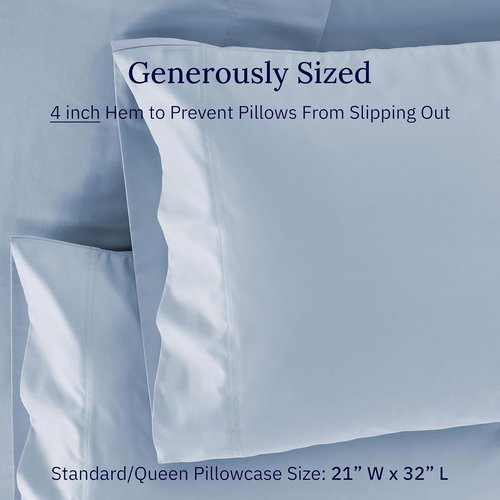 Luxuriously Soft 600 Thread Count Cotton Pillowcases - Set of 2 in Blue | Fits Standard & Queen Pillows