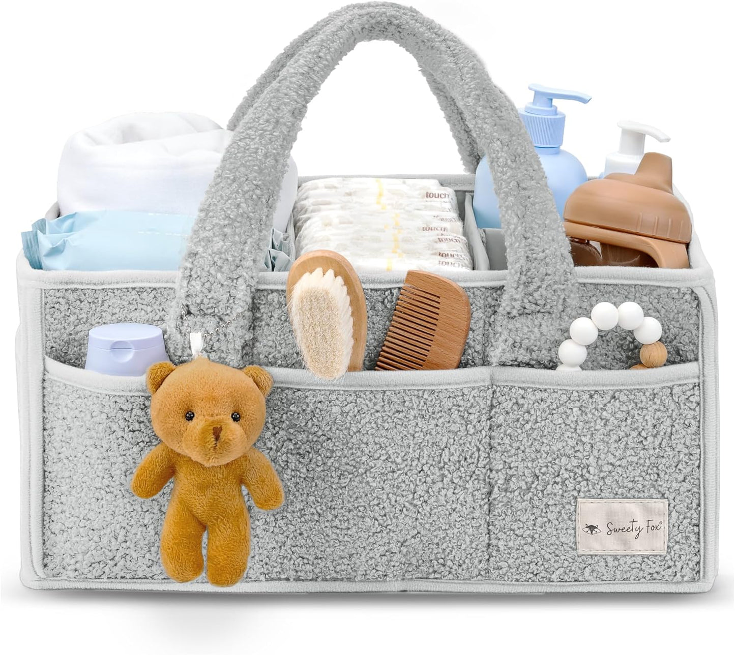 Sweety Fox Baby Diaper Caddy Organizer - Portable Sherpa Nursery Basket in Grey | Perfect for Baby Showers