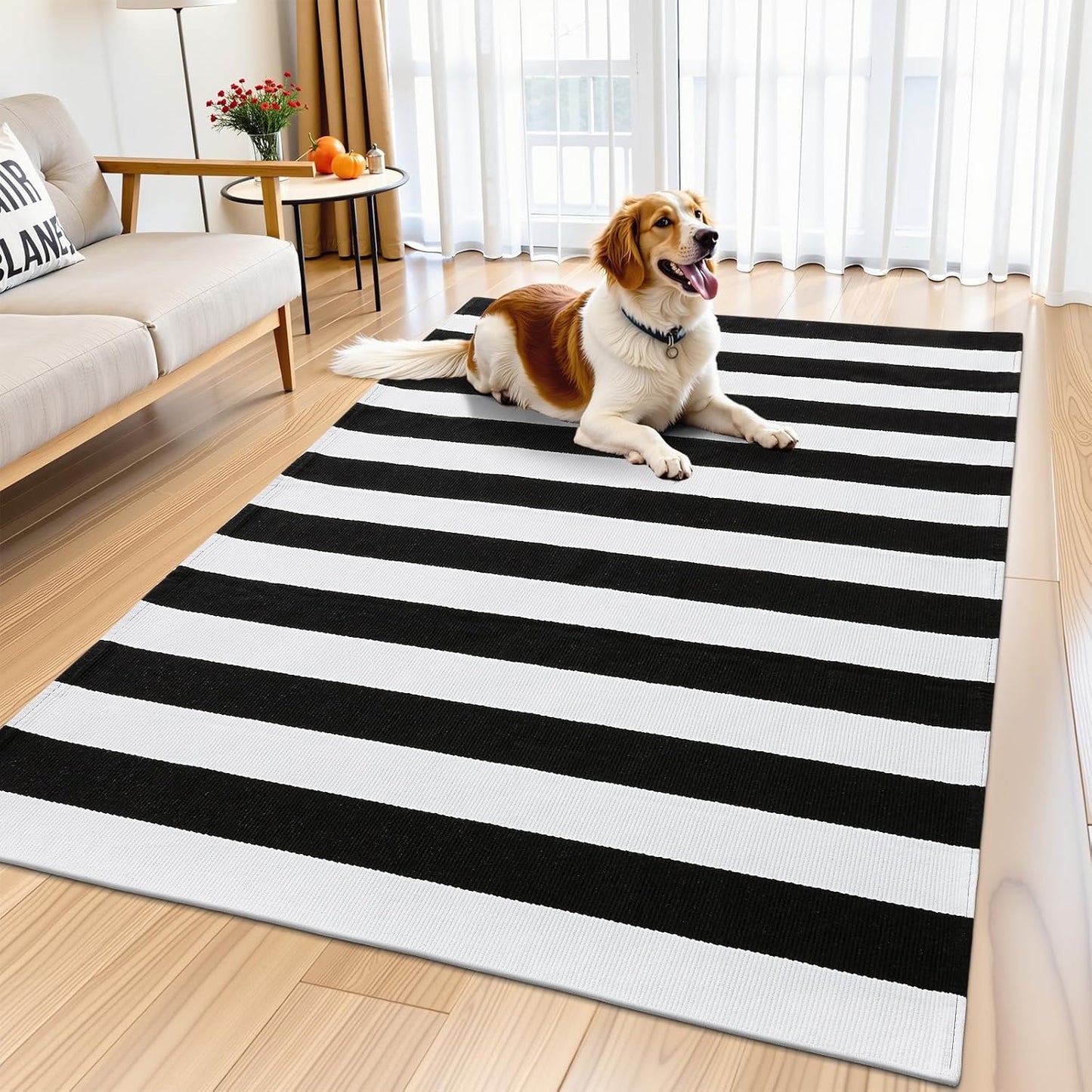 OLANLY Striped Rug - Washable Black and White Cotton Doormat | 3' x 5' for Indoor & Outdoor Use