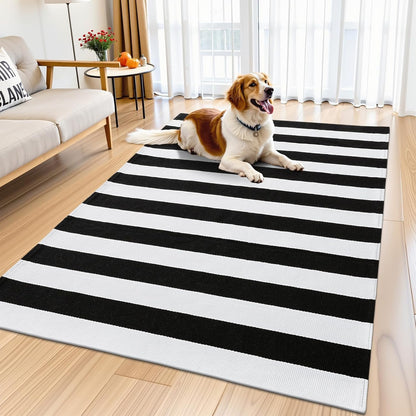 OLANLY Striped Rug - Washable Black and White Cotton Doormat | 3' x 5' for Indoor & Outdoor Use