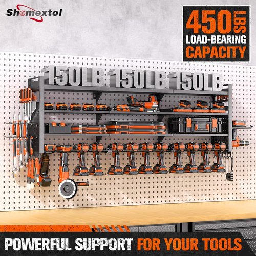 Heavy Duty Tool Organizer by 49.8" W - Wall Mount with 14 Cordless Drill Holders | 4-Layer Garage Storage Rack in Black