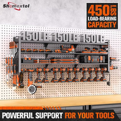 Heavy Duty Tool Organizer by 49.8" W - Wall Mount with 14 Cordless Drill Holders | 4-Layer Garage Storage Rack in Black