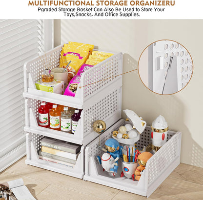 SNSLXH Stackable Closet Storage Baskets - Multifunctional & Foldable Organizer for Bathroom, Kitchen, Laundry | White, 5 Pack