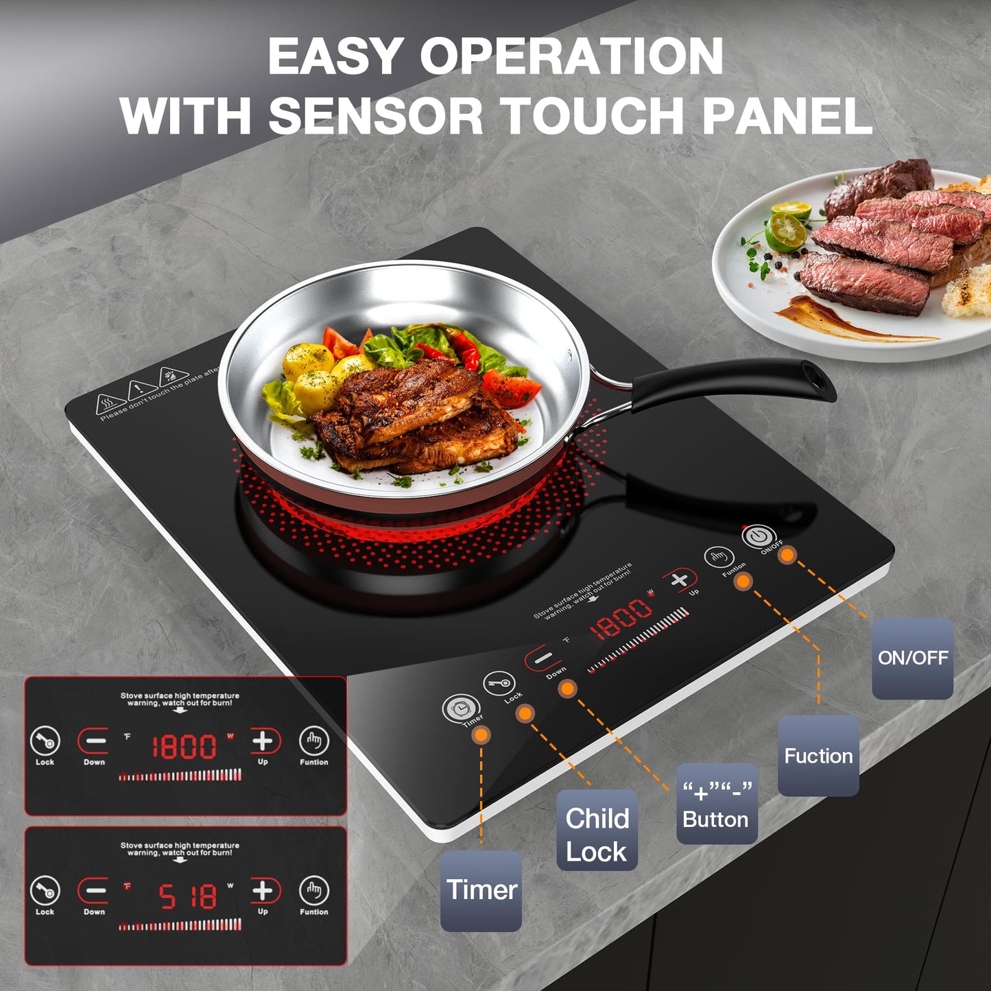 VBGK Single Burner Electric Cooktop,110V 1800W Electric Stove Top with LED Touch Control,Single electric burner 9 Power Levels, 4 hTimer, Safety Lock,Overheat protection