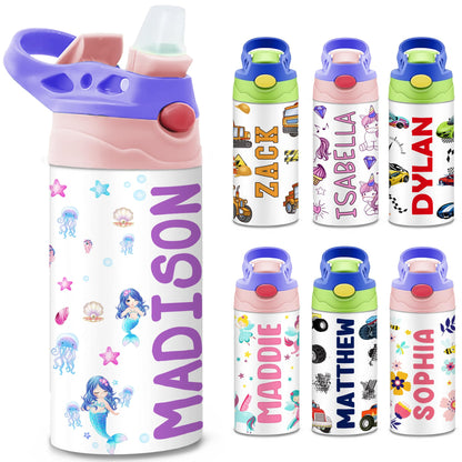 Personalized Kids Water Bottle | 12 Oz Double Wall Insulated Stainless Steel Tumbler | Custom Name Leak-Proof Cup with Straw | Back to School Gift for Toddlers, Children, Boys, Girls | Mermaid