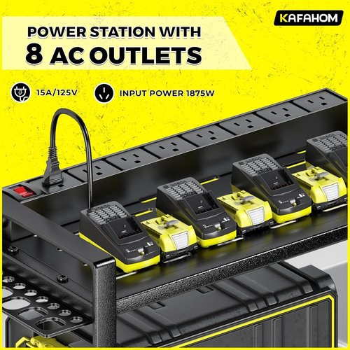 KAFAHOM Power Tool Organizer - Wall-Mounted Charging Station with 8 Drill Holder & Power Strip