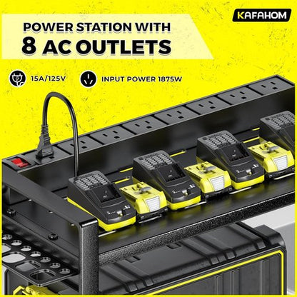 KAFAHOM Power Tool Organizer - Wall-Mounted Charging Station with 8 Drill Holder & Power Strip