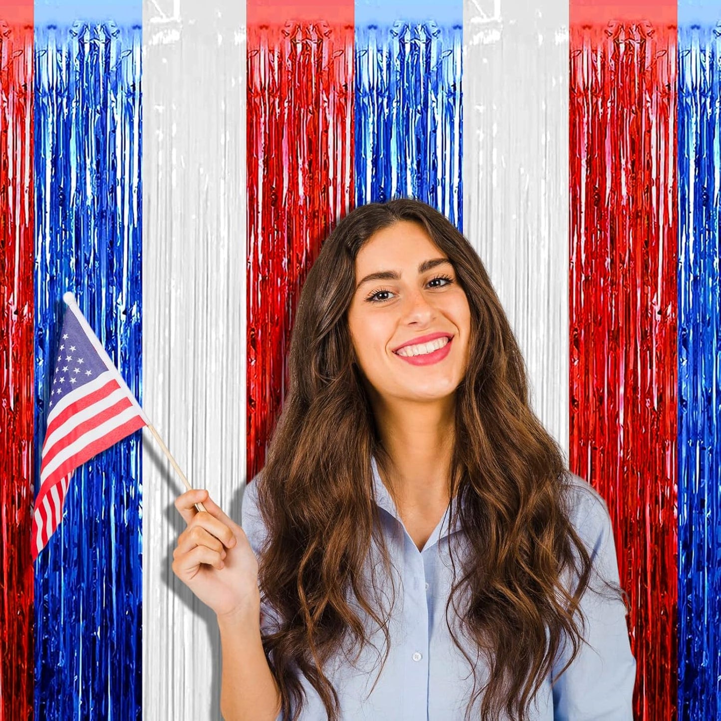 Regine Switzerland Foil Fringe Curtain Backdrop - 4 Pack Red, Blue & White Tinsel Streamers | 3.2Ft x 9.8Ft for Parties & Events