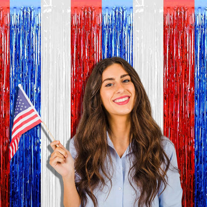Regine Switzerland Foil Fringe Curtain Backdrop - 4 Pack Red, Blue & White Tinsel Streamers | 3.2Ft x 9.8Ft for Parties & Events